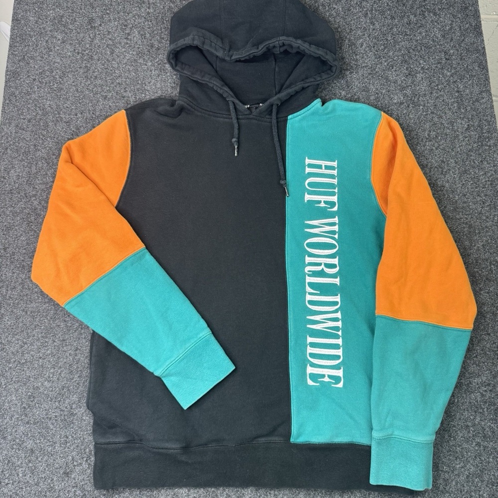 HUF Worldwide Hoodie Mens M Black Teal Orange Colorblock Embroidered Skate